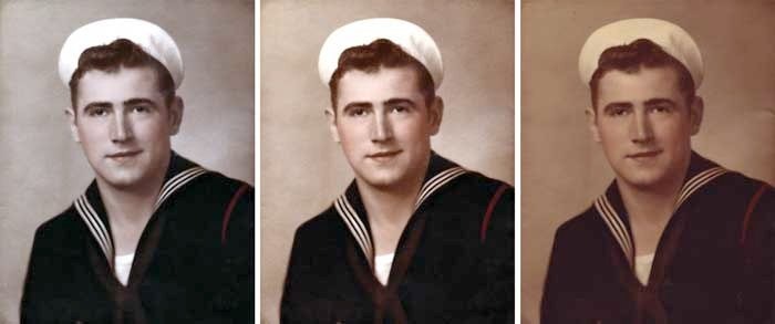 Before-and-after restoration of Wilbur's Navy portrait